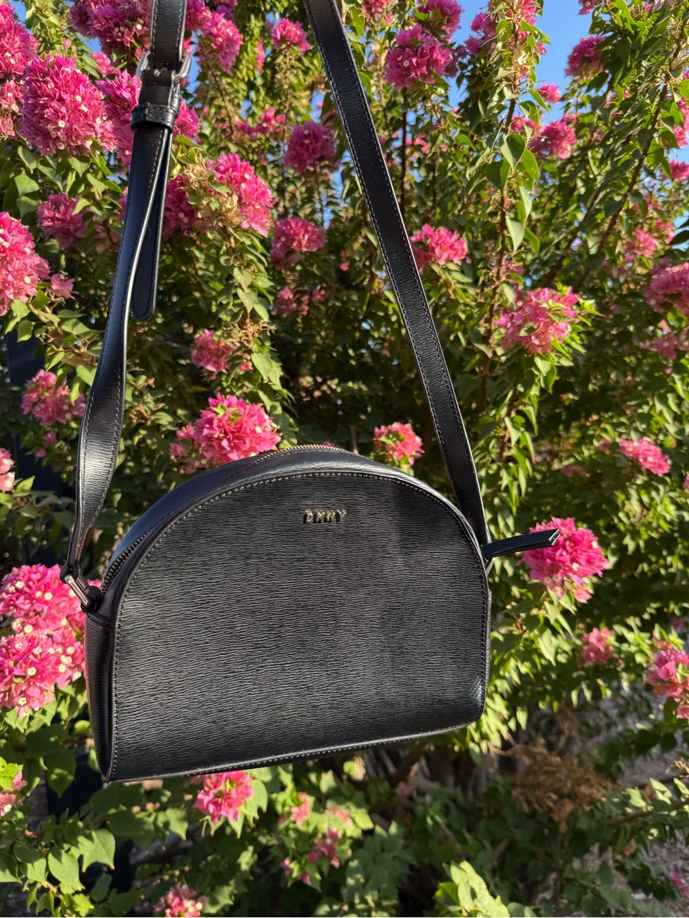 DKNY Black Textured Leather Crossbody Half-Moon Bag